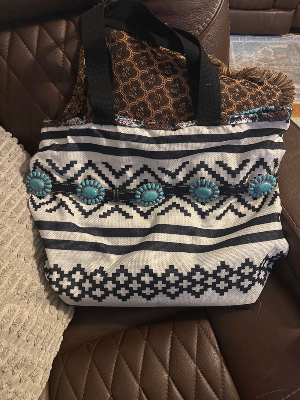 Striped Geometric Canvas Tote with Turquoise Accent